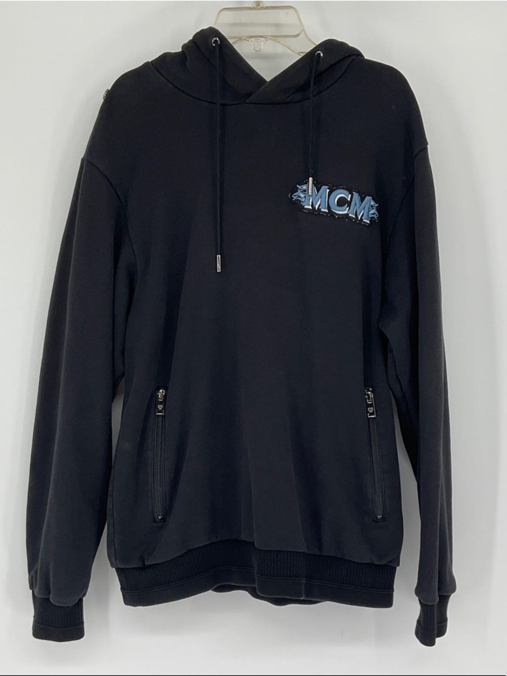 Mcm Black Cotton Hoodie Wave Logo Patch Zip Pockets | Size M | Hoodie Only